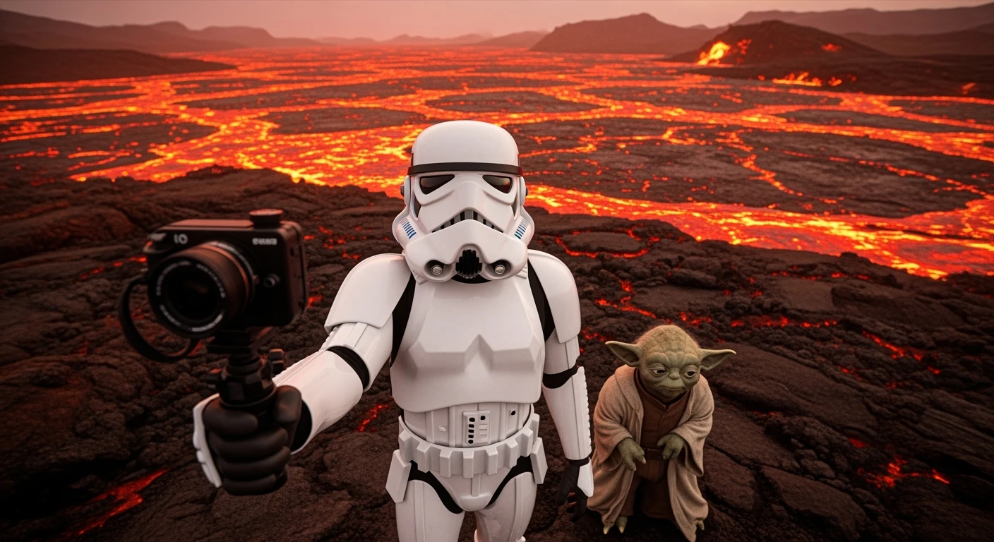 Camera POV, Starwars stormtroopers vlogging selfie, he is walking on lava planet with yoda emoji