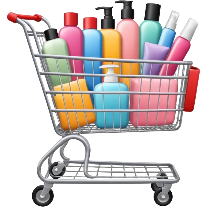 shopping cart full of brand-labeled beauty products emoji