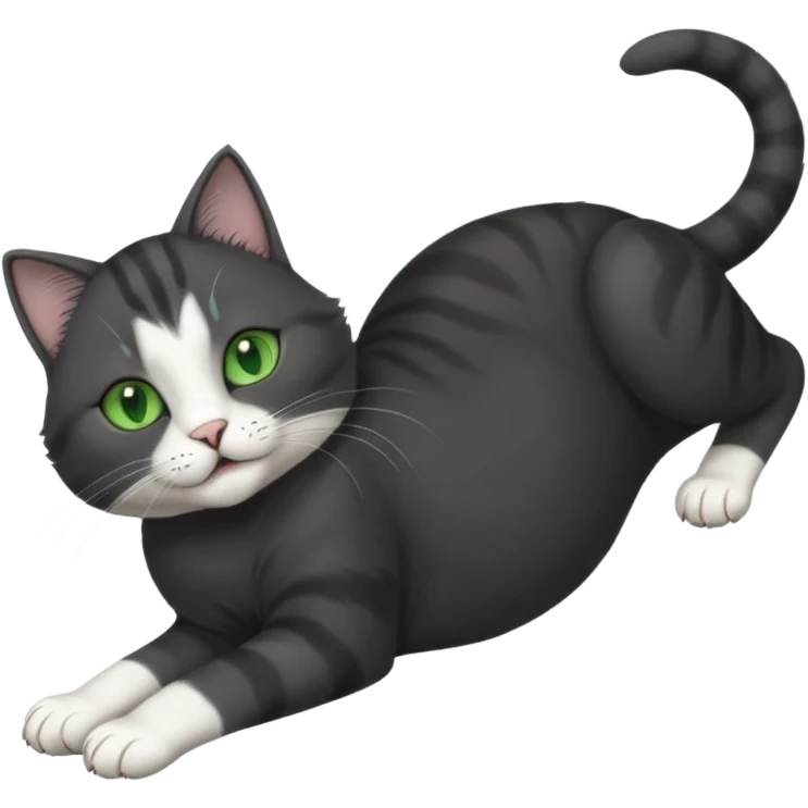 beautiful female solid dark grey cat with green eyes, white toes/paws and white patch on her chest playfully rolling upside down emoji