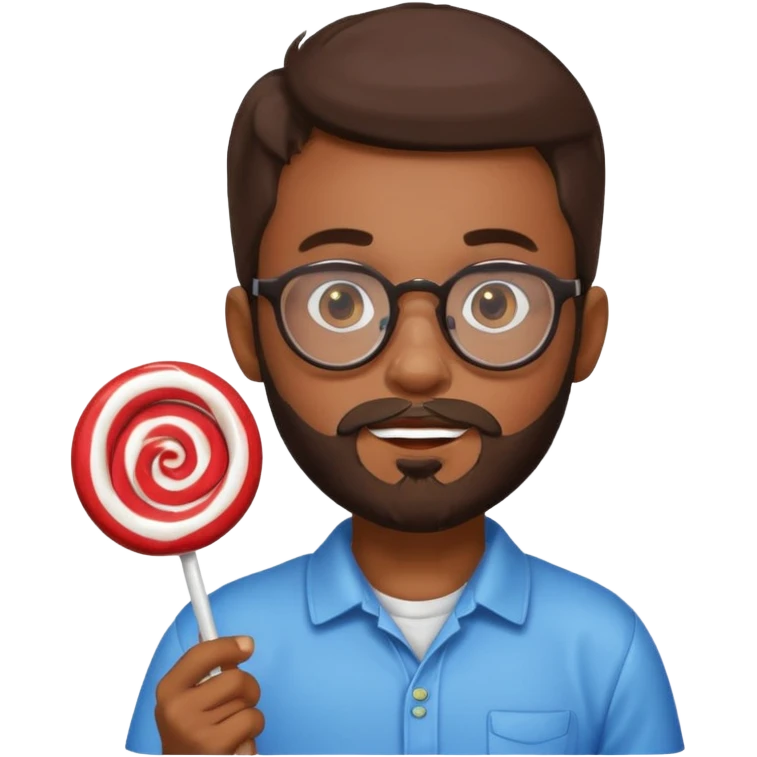 Brown boy, round face with beard and glasses holding candy emoji