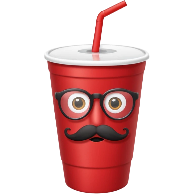 paper red cup and white straw, the cup has eyes and mouth and glassess and mustache emoji