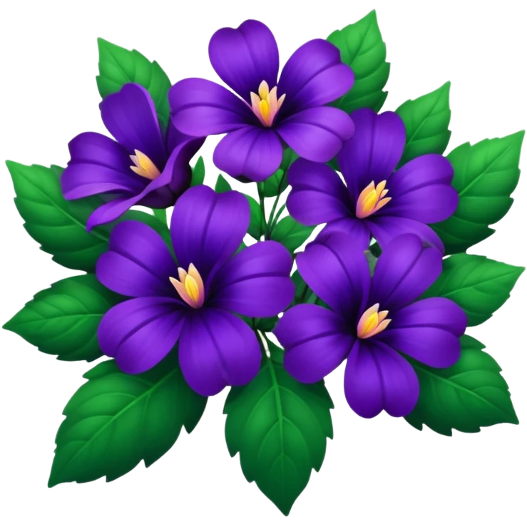Lush bouquet of deep dark purple flowers, design should emphasize clean, thin, smooth lines to enhance the visual appeal. Bouquet should have a slight shimmery opalescent hue. Surround the flowers with realistic leaves, 8k emoji