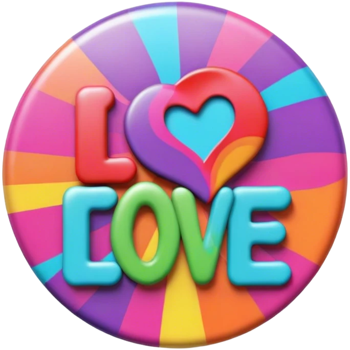 A round psychedelic colored button with love emoji