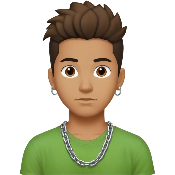 Young Latino male, hair up, with a simple chain and green T-shirt emoji
