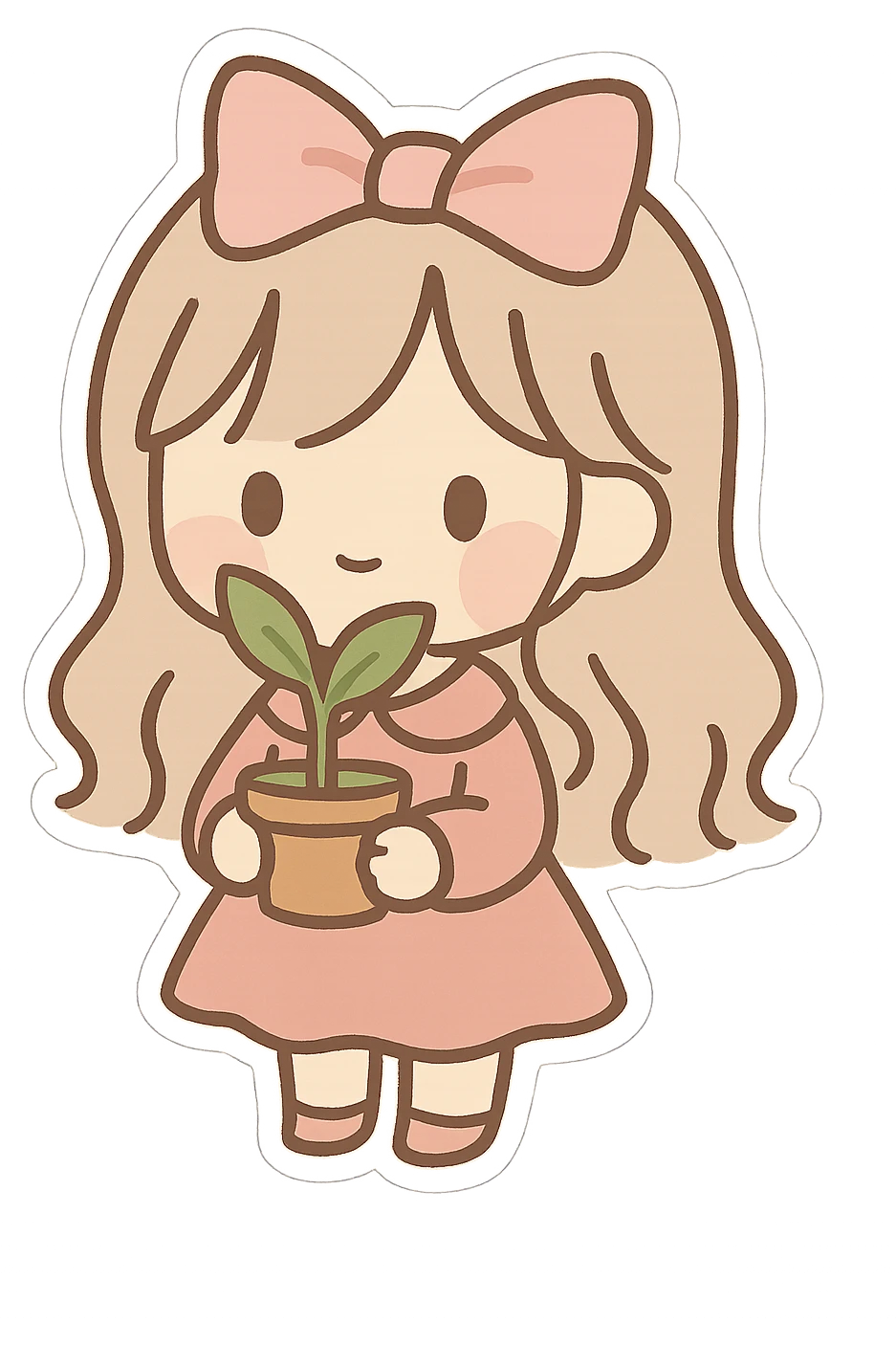 A cute and minimalist sticker of a girl holding a green plant, elegant and girly mood, color palette includes pink, beige, and green. emoji