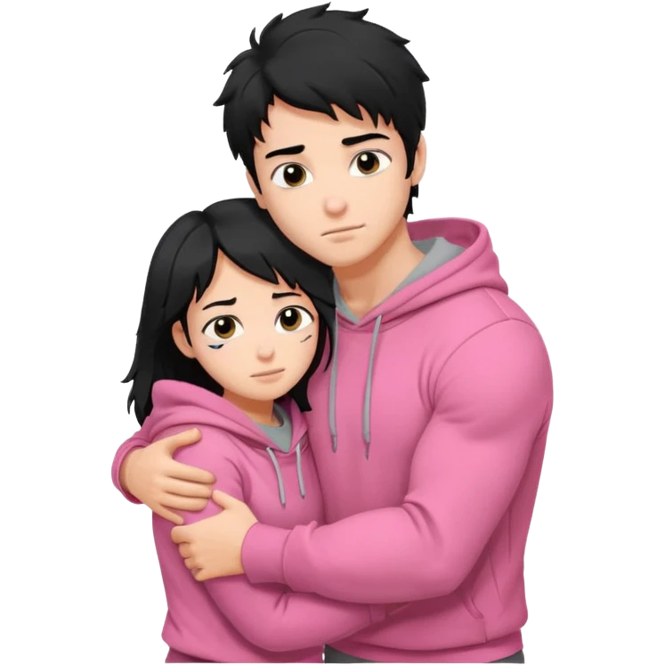 generate a pretty bratz fair skinned boy with messy black hair in a grey hoodie. Hugging his girlfriend who is wearing pink. Make him muscled emoji