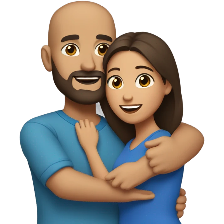 Comforting hug from brunette Puerto Rican with dark brown eyes wearing a cute blue top to short, bald man with brown eyes and a beard wearing a brown sweater emoji