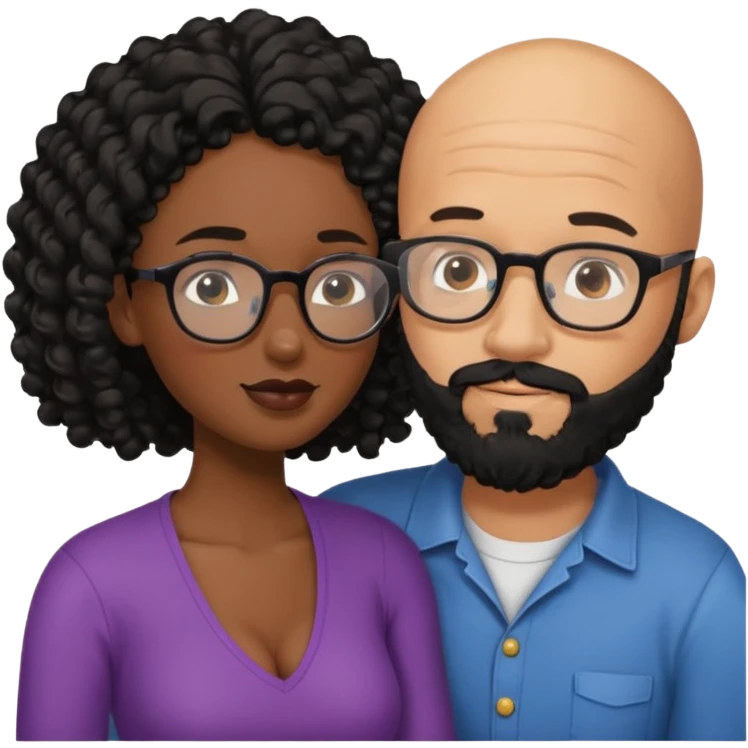 intimate moment between black couple bald man black beard long black curly hair woman with glasses  emoji