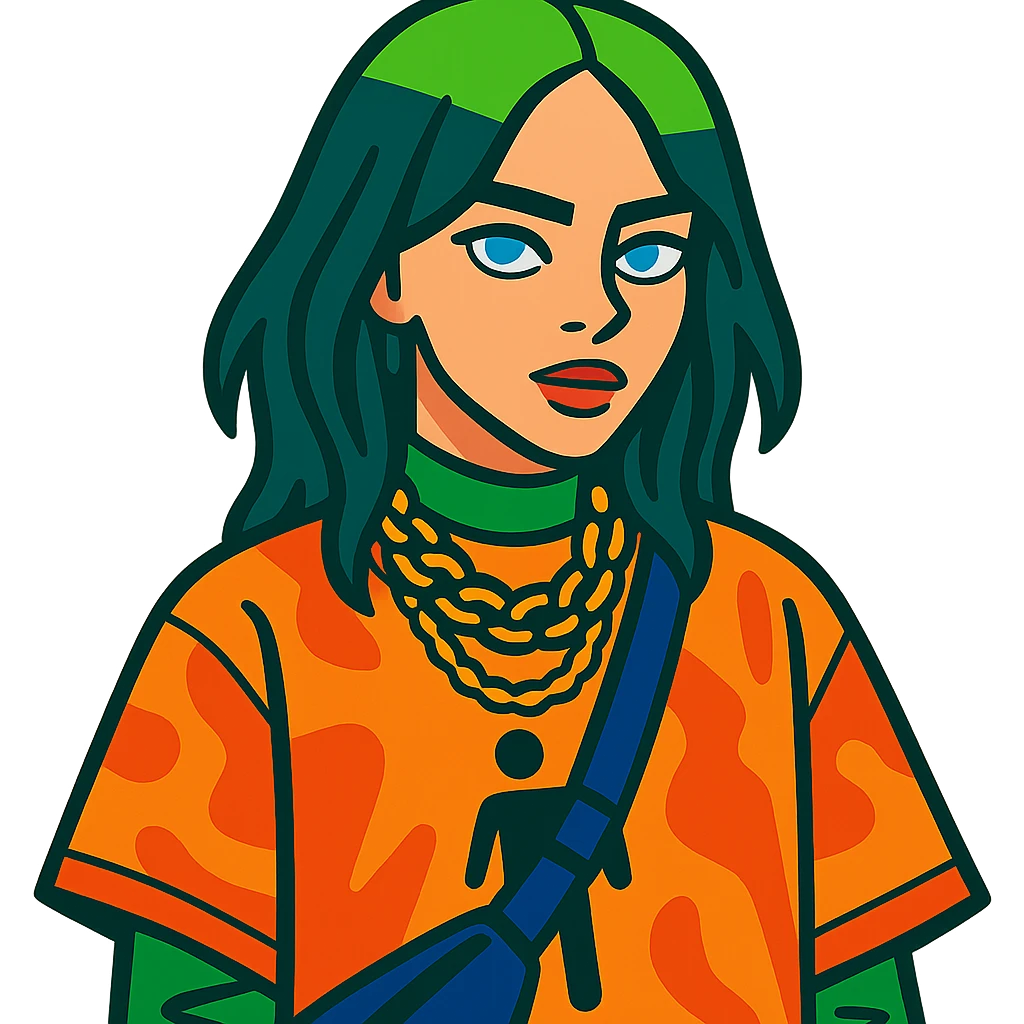 Billie Eilish with blue eyes, green roots, unique fashion, vibrant toon style emoji