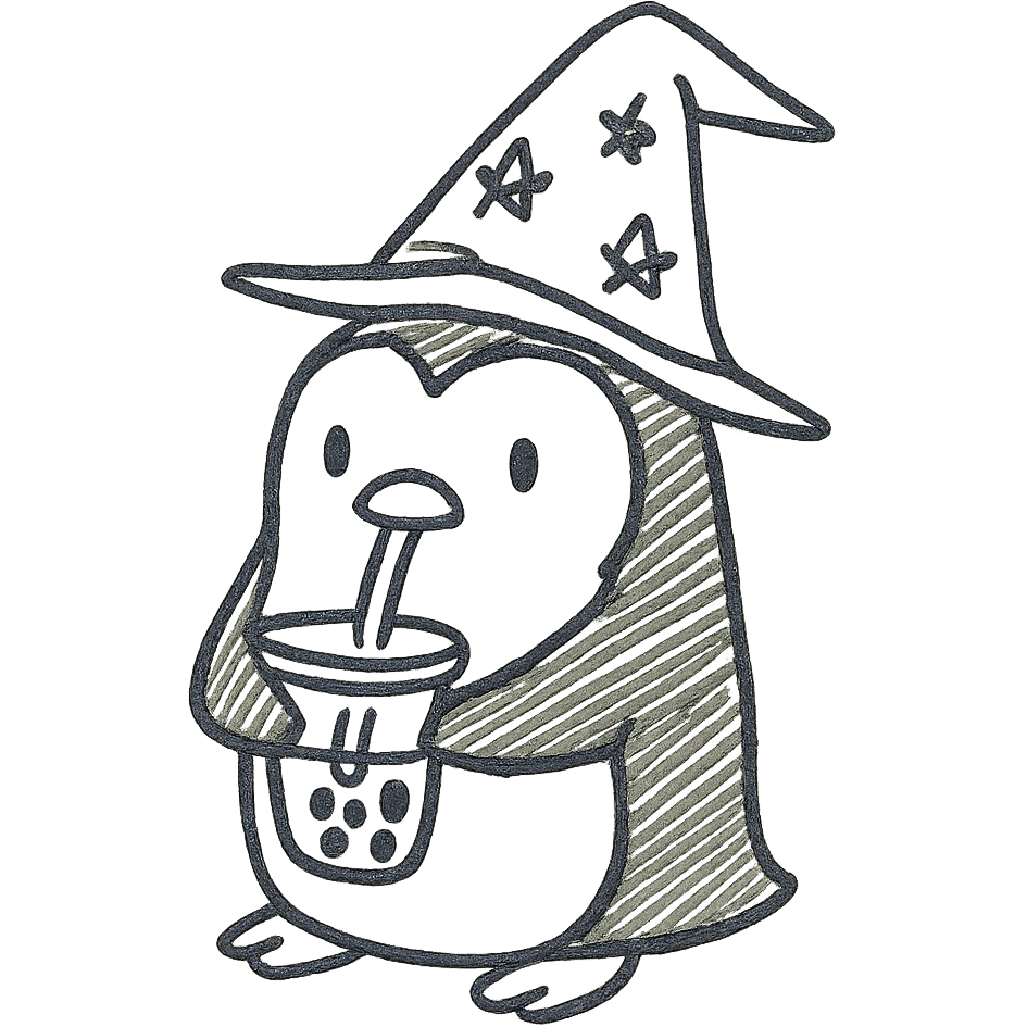 wizard penguin sipping a boba drink, icon style, minimal details, modern look emoji
