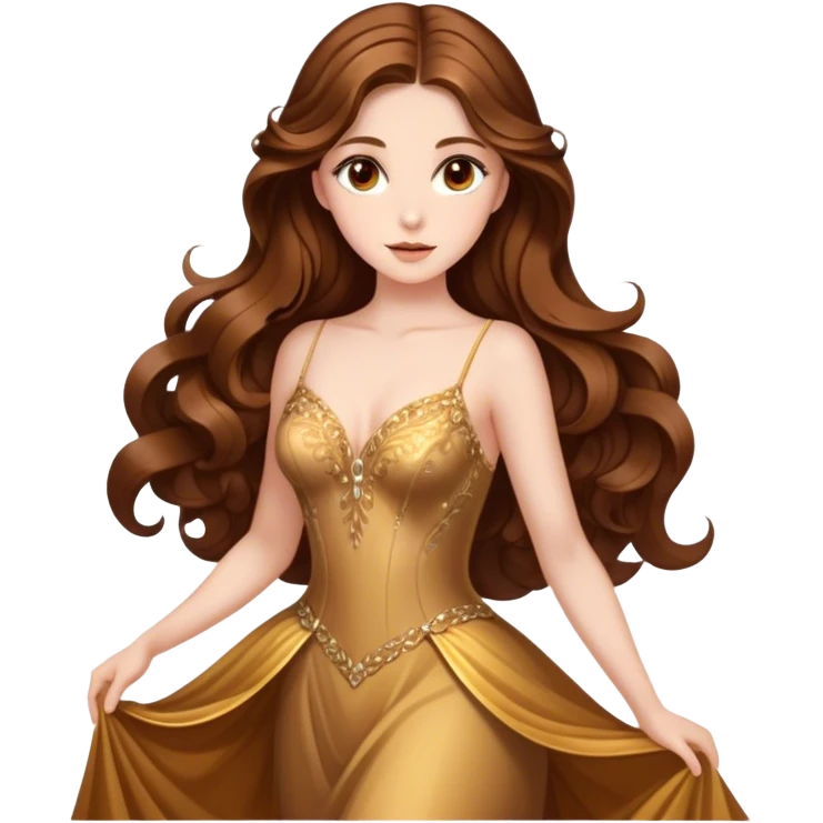 Cinematic Stunning Belle Portrait Emoji, Deep brown eyes full of curiosity, long chestnut hair flowing in soft waves, wearing her golden ballroom gown, glowing with warmth and elegance, a princess whose beauty is as radiant as her mind! emoji
