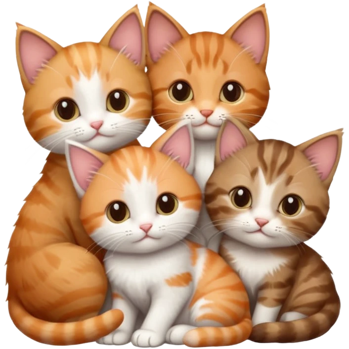 6 tiny kittens cuddling together all different colours, the first one is grey and white, the second is ginger and white and the third is brown tabby and white emoji