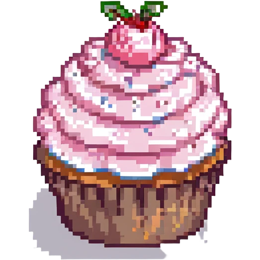 pixel art cupcake with pink icing and a cherry on top emoji