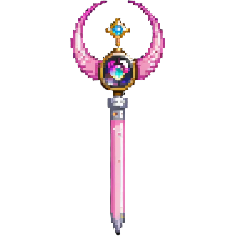 Sailor Moon's Crescent Moon Stick, a pink wand with a gold crescent moon on top and a circular silver gem in the center emoji