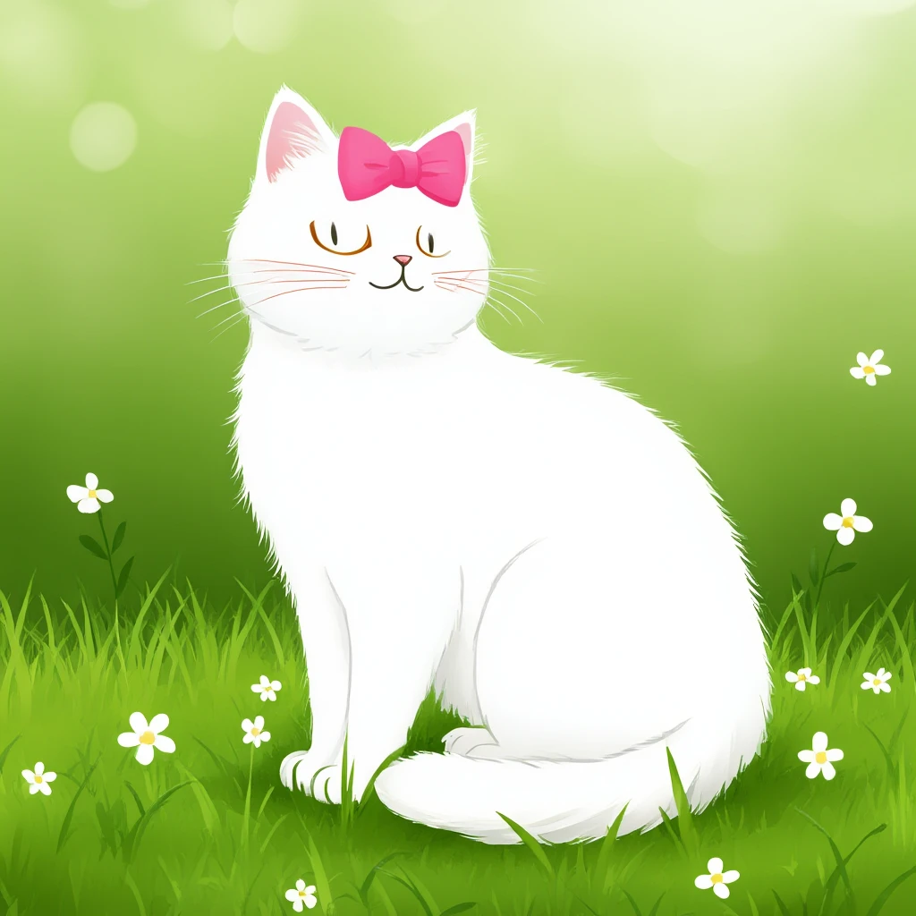 illustration of a white cat with a pink bow sitting among tall green grass and white flowers, soft, light, cozy atmosphere emoji