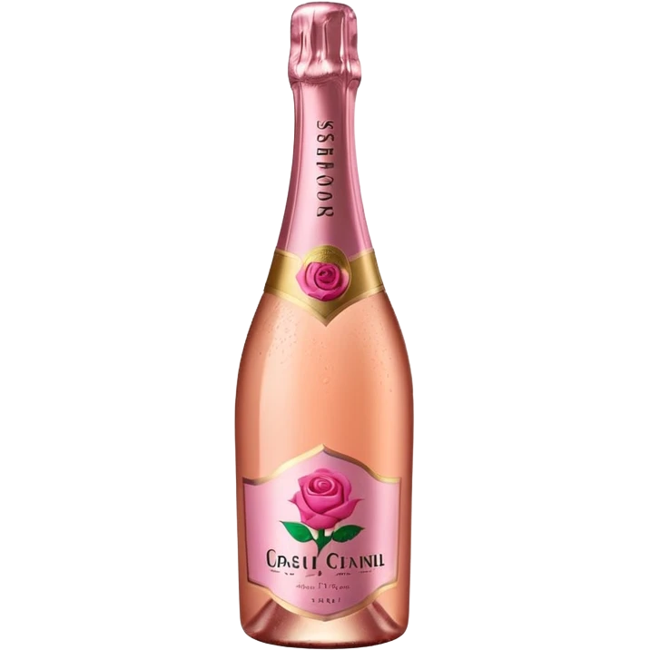bottle of sparkling rosé champagne with a rose logo on the label, tilted up and to the right, no glass emoji