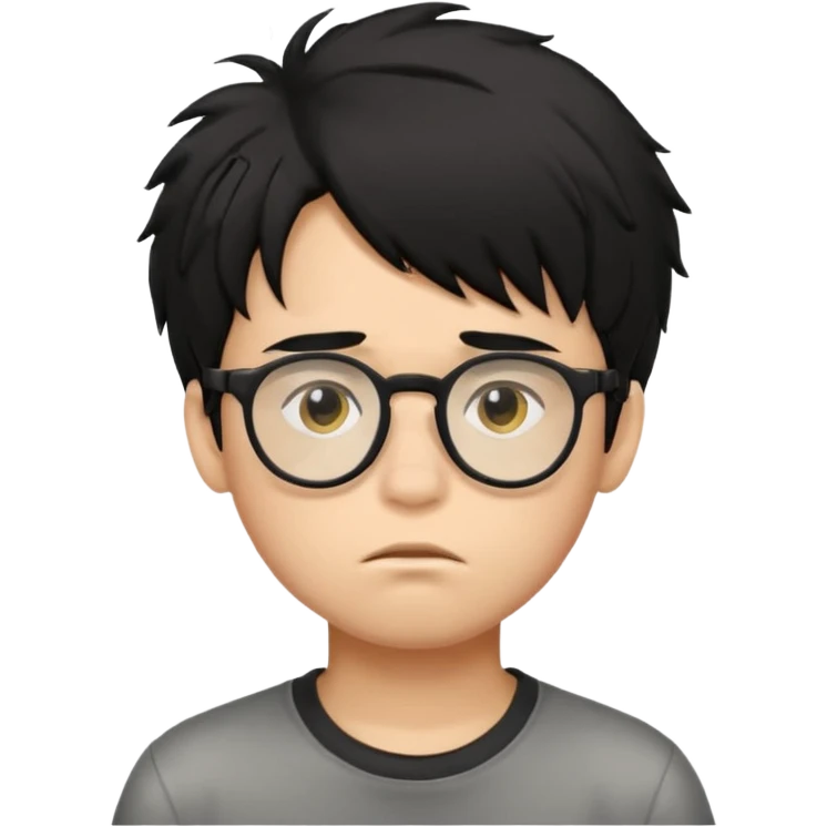 
young boy, 18 years old, messy black hair, glasses, sad face emoji emoji