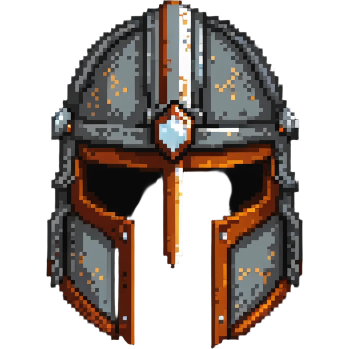 Antique medieval helmet with light rust markings and battle wear emoji