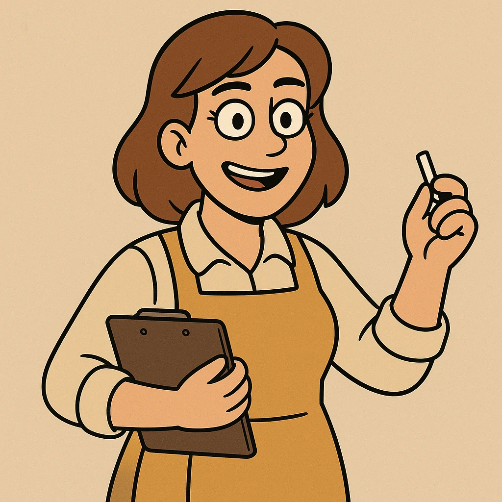 teacher with medium brown hair and brown eyes, wearing a mustard-colored apron, cartoon style emoji