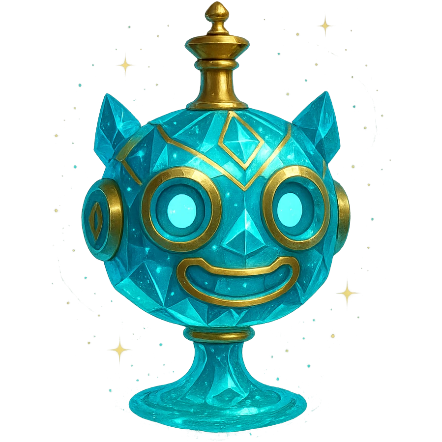 premium crystal elixir bottle shaped like a friendly robot head, cyan color, lots of glowing, facets, ornaments, golden details, magical effects, very small golden neck, transparent background, beautiful merging base, clearly floating in air, no ground or shadow, very luxurious, playful, fits in a collection emoji