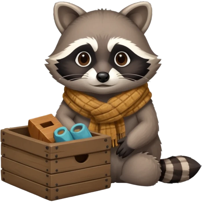 A raccoon with worn-out scarf, sitting next to a tiny box of collected belongings, staring curiously with round sad eyes.
 emoji