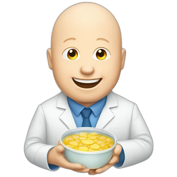 Matt Lucas holding a petri dish and smiling emoji