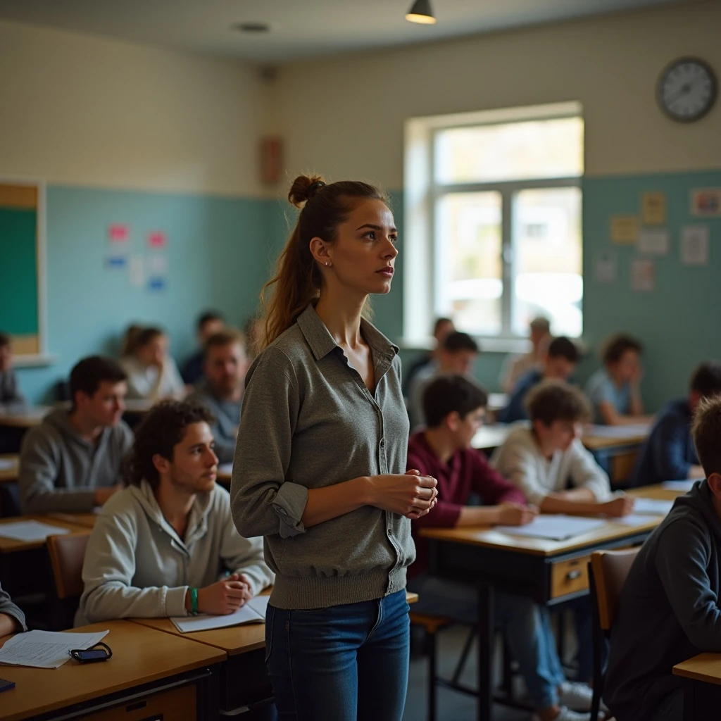exhausted teacher in a bustling classroom emoji