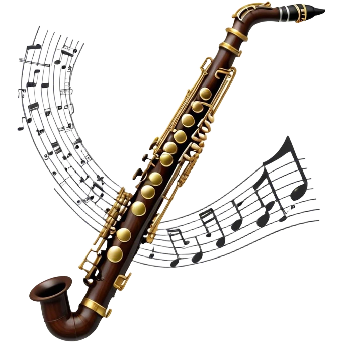 Create a detailed and unique emoji representing a clarinet with a saxophone-style mouthpiece. The design should feature the sleek, dark wood finish of the clarinet, with its shiny metal keys clearly visible, but at the top, include the large, curved mouthpiece typical of a saxophone. The mouthpiece should have a reed, similar to the one used in a saxophone, with subtle details to indicate its function. Use dark wood tones for the body of the instrument and silver or brass accents for the keys. Add small musical notes or soundwaves around the instrument to evoke its smooth, melodic sound. The background should be transparent emoji