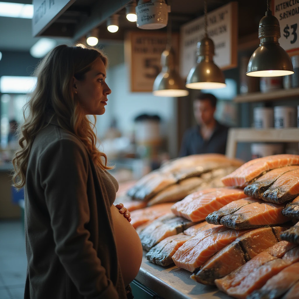 realistic pregnant woman in 4K talking to a fishmonger in front of a sign that says: 'Attention, consuming raw salmon may pose risks during pregnancy' emoji