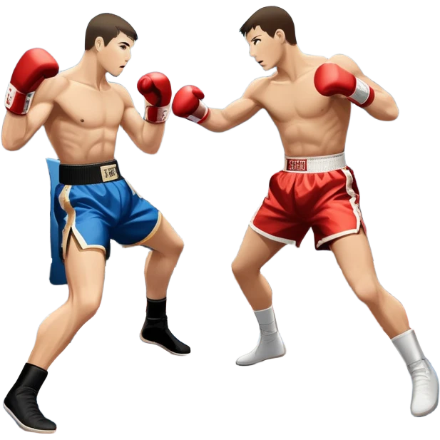 An icon symbolizing kickboxing, featuring two fighters in the ring. One throws a powerful high kick, while the other counters with a punch. The background shows a boxing ring with ropes and a crowd in the distance. Transparent background emphasizes the dynamic energy emoji