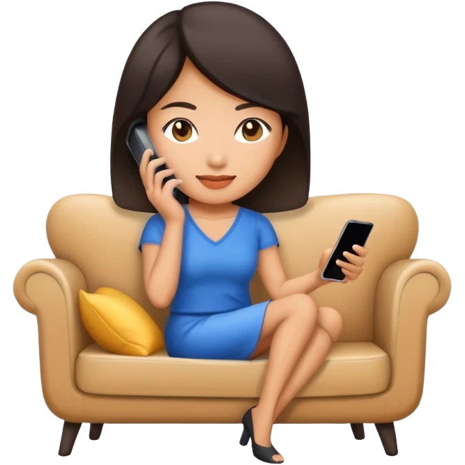 asian woman is sitting on the sofa and playing mobile phone emoji