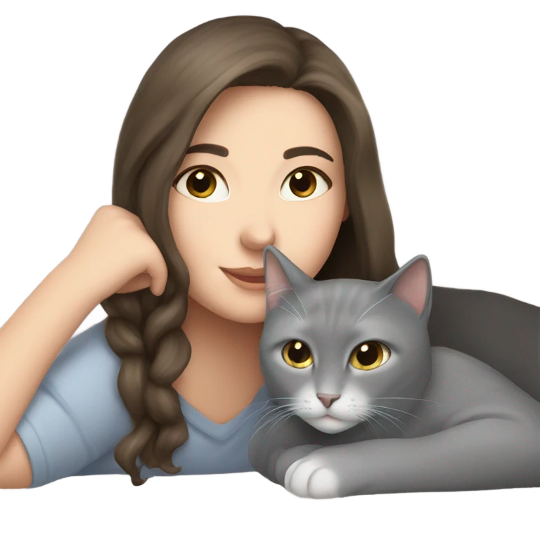 Brunette White girl and grey cat snuggling emoji