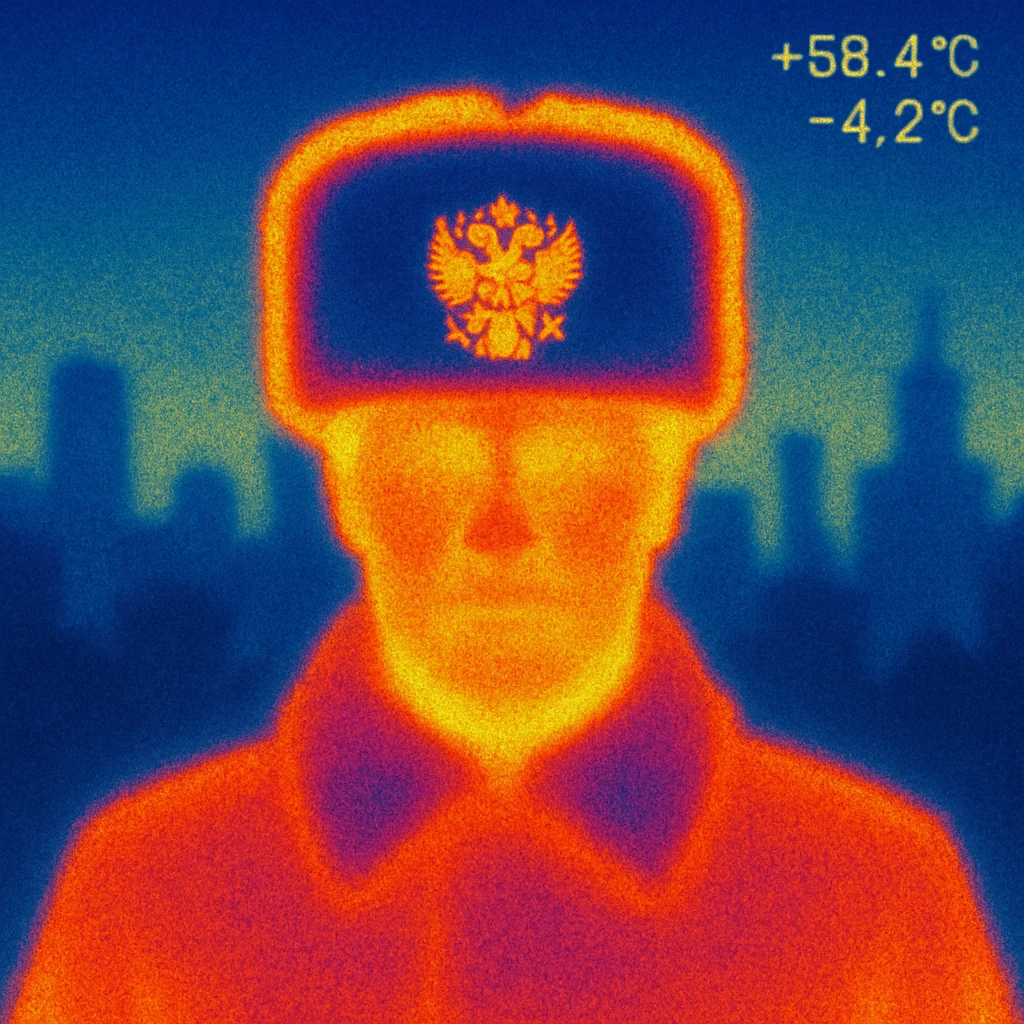 Russian ushanka hat with the emblem of Russia in a city background emoji
