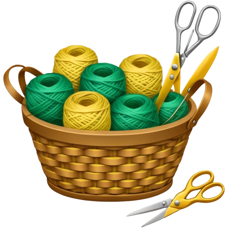 A tidy basket with neatly arranged green and yellow skeins and scissors. emoji