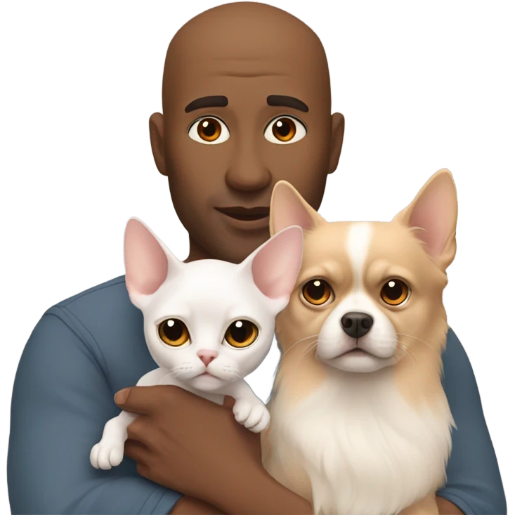 White, bald man is holding a grey, small sphinx cat and woman with dark, straight hair is holding orange, fluffy Pomeranian dog emoji