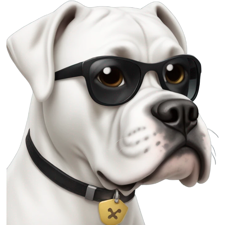 White boxer dog with completely black sunglasses   emoji