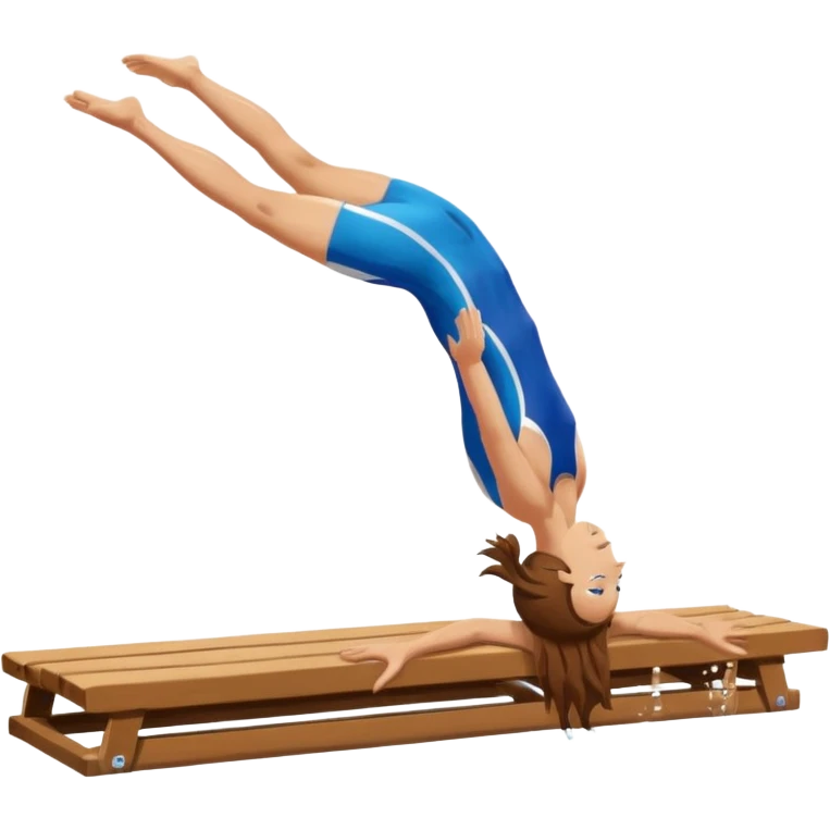 A swimmer is about to dive into the pool. She is in the pose of diving in the air with the hands above the head. Her hair are brown and long. she jumps from a plank emoji