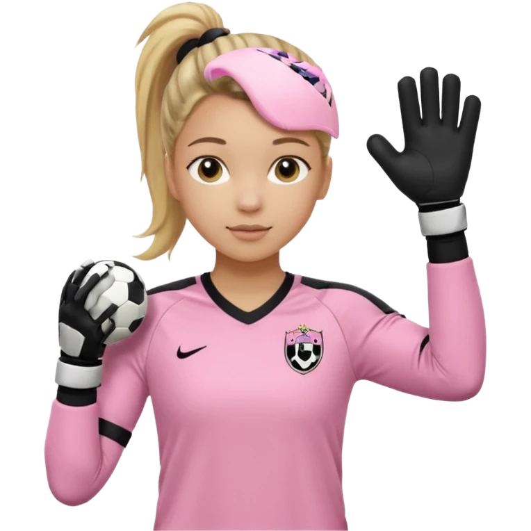 Make a dirty blonde football goalkeeper with goalkeeper gloves on. The girl is light skinned and wearing a light pink football kit. Wearing one ponytail on back of head. Make it without the whole body. With full sleeves. No RUGBY BALL JUST BLACK AND WHITE BALL. Holding ball under armpit emoji