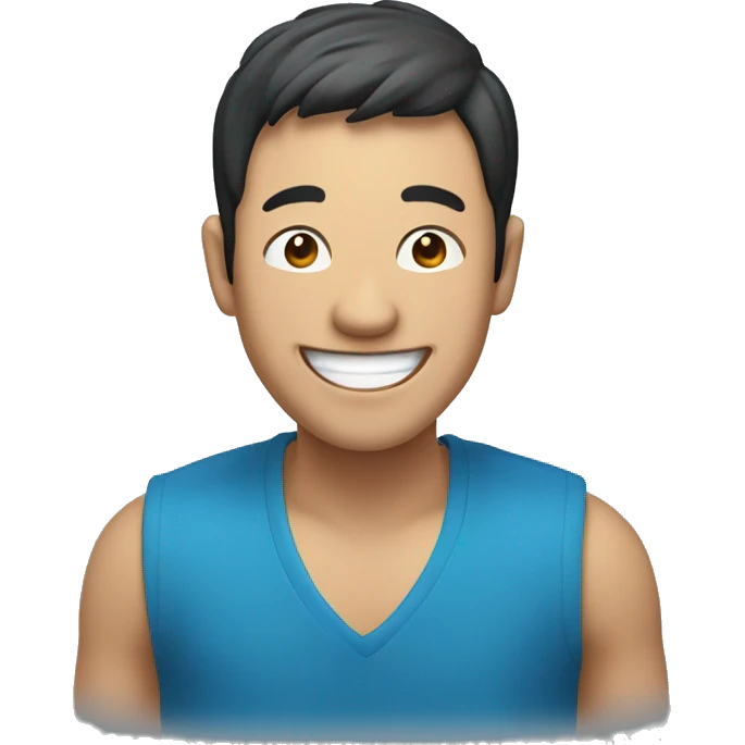 Asian man laughing, blue cloth, big smile,wide shoulder emoji