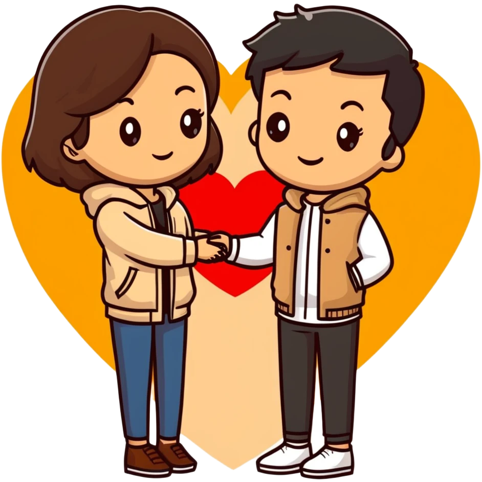 A couple with dark brown hair and mixed skin tone inside a white heart, both wearing beige clothes emoji