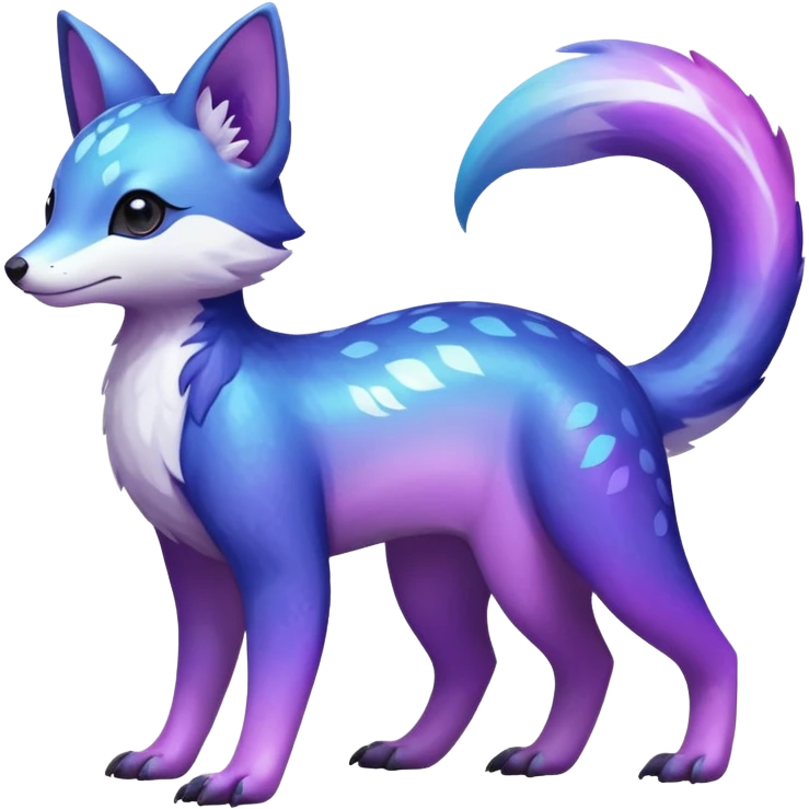  Shiny iridescent glossy oily smooth silky soft White with indigo-Violet-purple-pinkish-gradient markings beautiful handsome gorgeous aesthetic colorful vibrant Vernid-Trico-species-Fakemon-creature by LiLaiRa, 4 legs, 1 tail, random markings, (full body) emoji