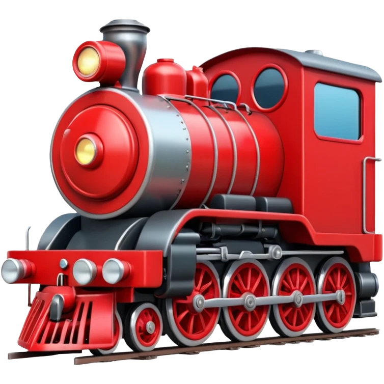 A 3D cartoon red train engine with headlights and wheels visible, realistic reflections, Memoji-style. emoji