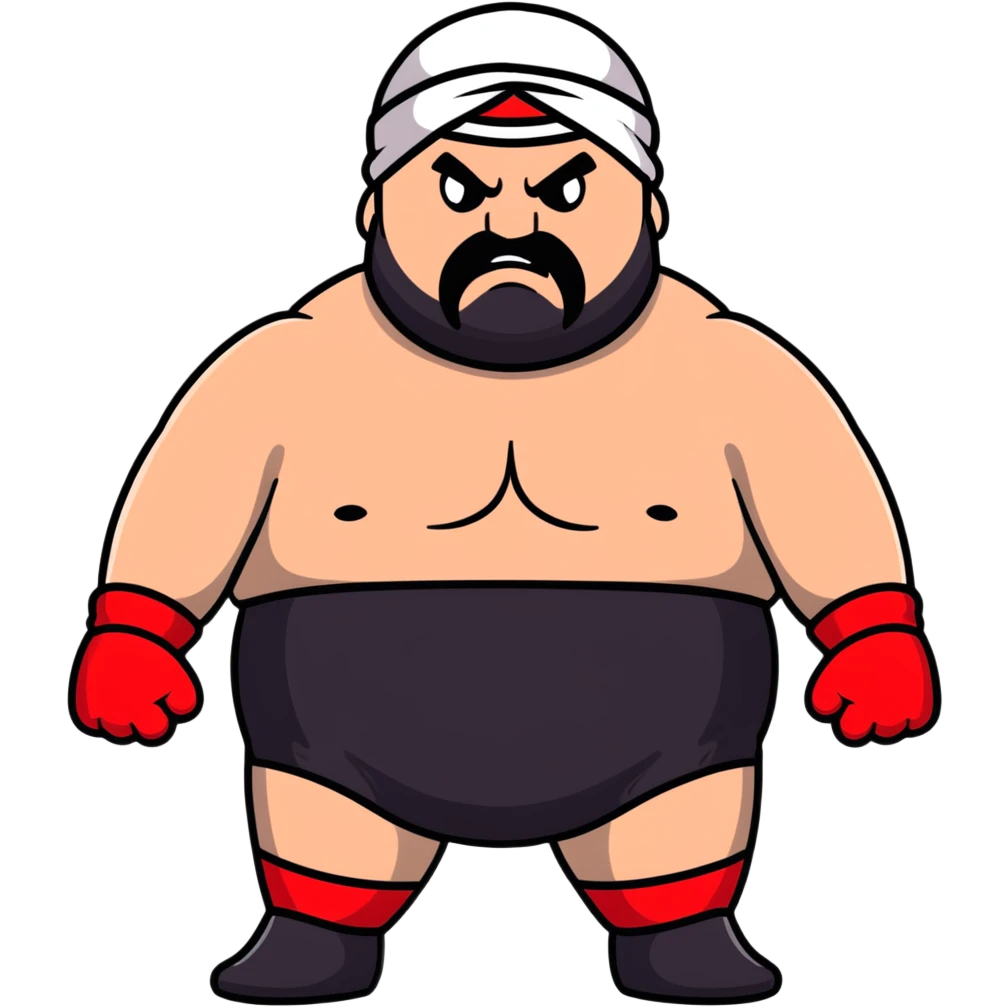 Close-up of extremely fat white skin guy with young face, prominent BLACK DURAG tied clearly on head, distinct black beard and mustache, no muscle, black eyes in a red and black wrestling singlet with angry face emoji