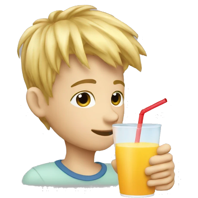 A blonde boy sucking juice with a straw while his hand is holding the drink, profile view emoji