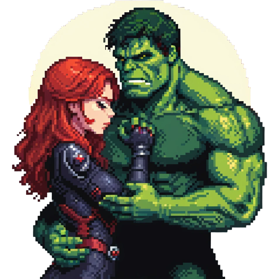 Hulk and Black Widow lullaby scene, Black Widow with red hair calming down the green Hulk, sun's getting real low gesture, Hulk transforming back emoji