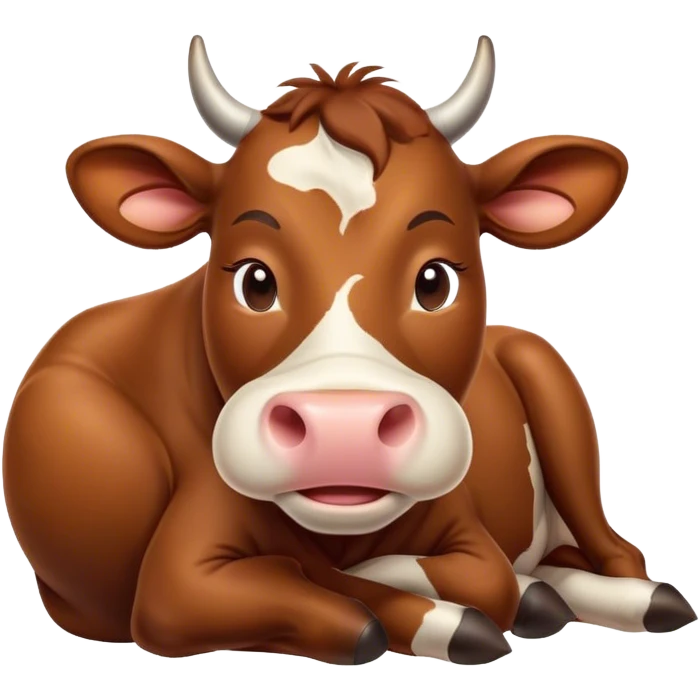 Meme-Worthy Cute Sleeping Brown Cow Portrait Emoji, Head resting peacefully with a contented smile, showcasing a robust build and a luxuriously soft deep brown hide, eyes shut in a serene, restful nap, Simplified yet hilariously adorable features, highly detailed, glowing with a soft, drowsy light, high shine, relaxed and utterly lovable, stylized with an air of playful laziness, bright and heartwarming, soft glowing outline, capturing the essence of a comically sleepy cow, so meme-worthy it feels like it could instantly become the next viral sensation of adorable slumber! emoji
