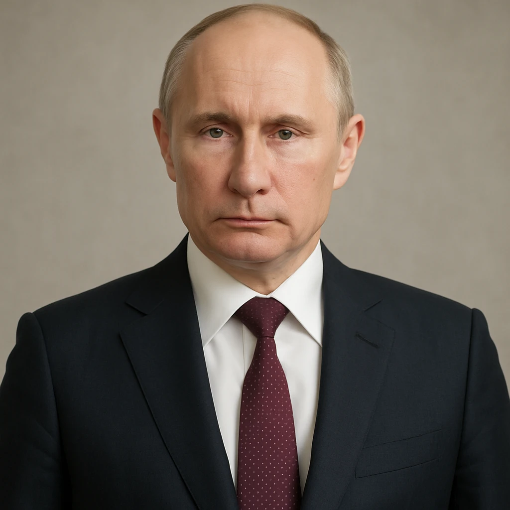highly realistic photorealistic portrait of Vladimir Putin, neutral expression, full upper body visible, centered in the frame emoji