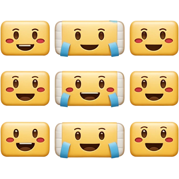 16 different variations of a band aid as and emoji with smiling with teeth, smiling without teeth, crying laughing or sad, mad, sad, tired, censored, funny, glasses, love, serious, with a hat, sticking out tounge, sleeping, injured, and angel Formatted in rows of 4x4 and with a white background emoji