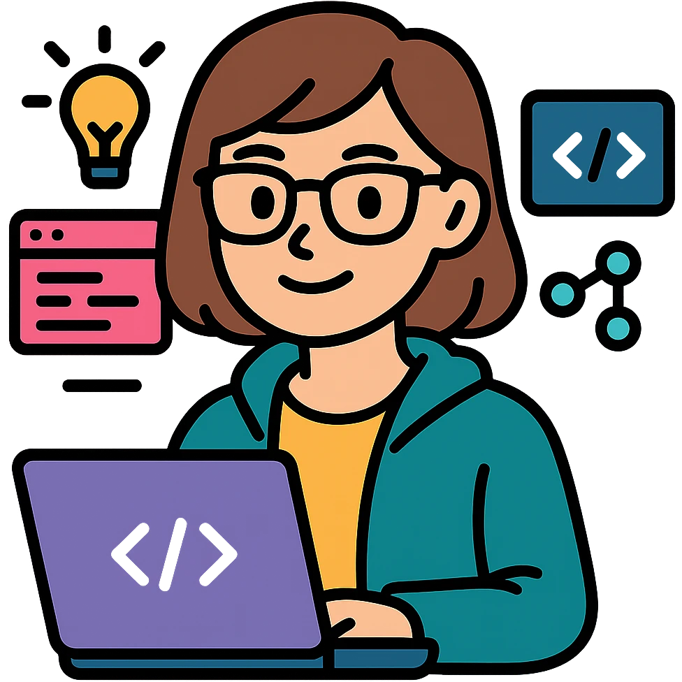 Transform the smart coder into a female character who is creative and clever, wearing glasses, depicted in a modern tech style with no background. emoji