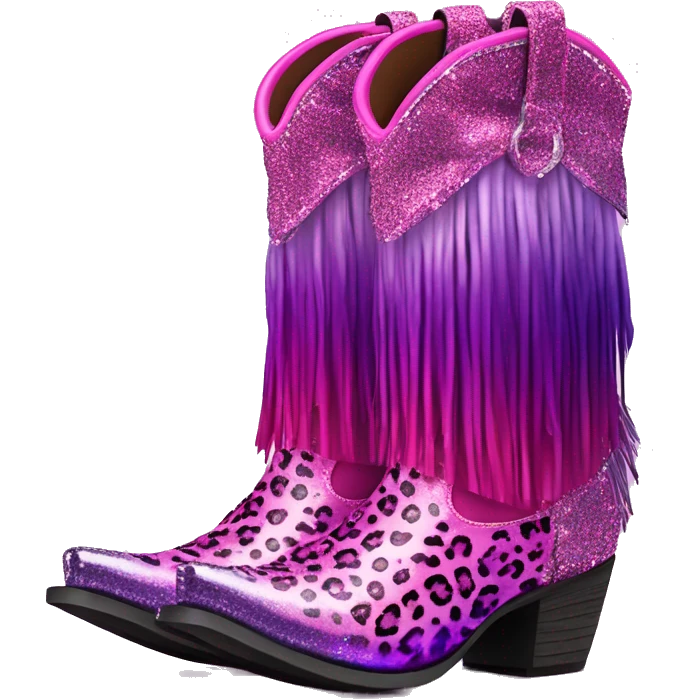 Realistic hot pink to purple ombre leopard print pair of fashion cowgirl boots with sparkly shiny glitter fringe on them. emoji